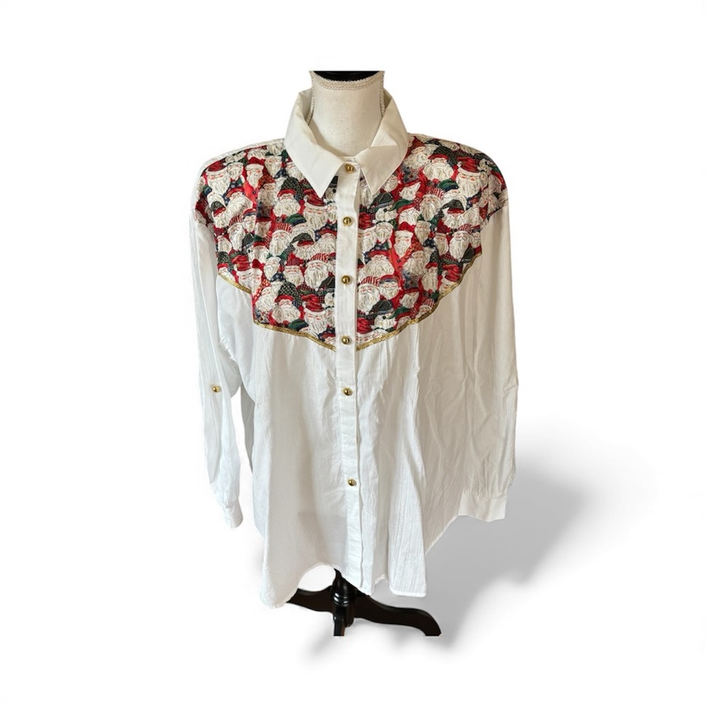 Vintage 80s Ugly Christmas Button Up Blouse Santa Sz 20W  Shoulder Pads Holiday